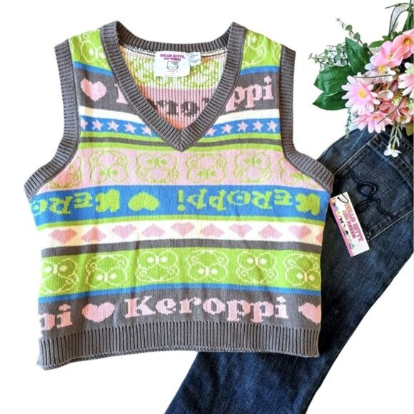 Hello Kitty & Friends Keroppi Sweater Vest Size 2X Pink Grey Green V Neckline - Picture 14 of 14